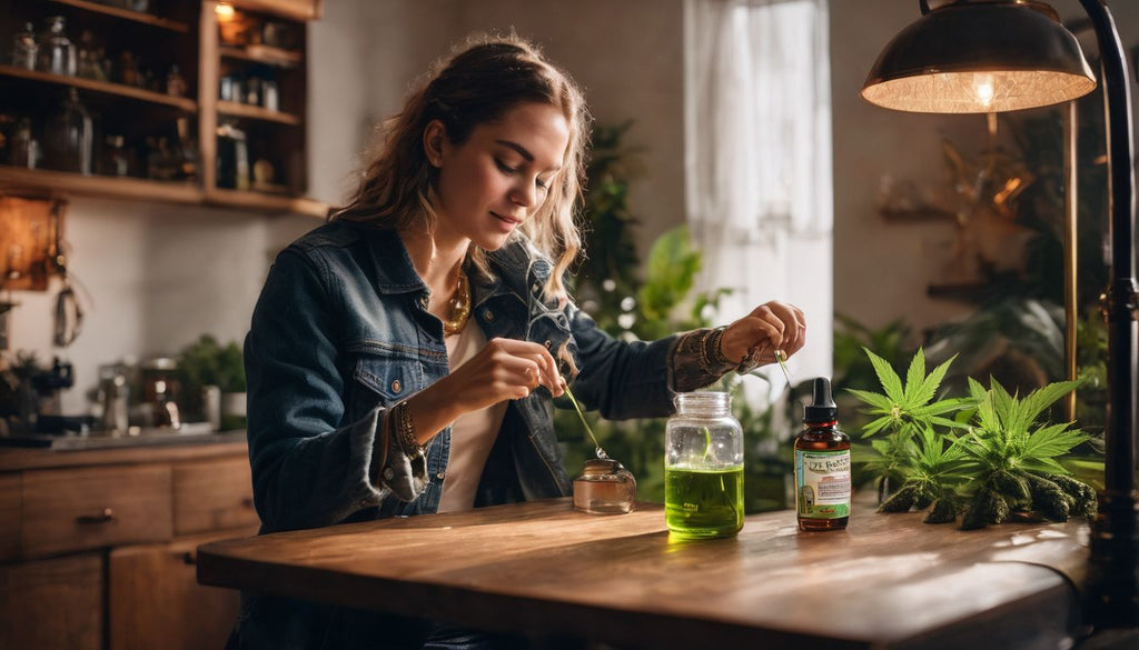 A person taking a dab in a cozy room with cannabis accessories.