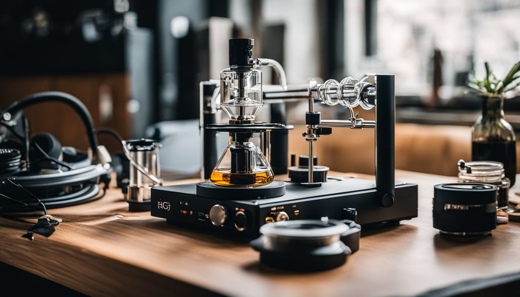 A dab rig with all its components set up on a clean tabletop.