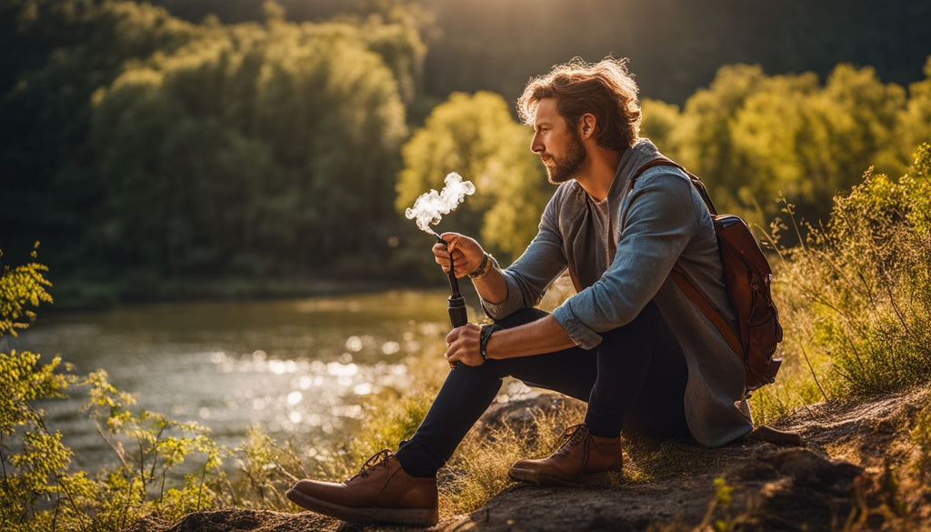 A beginner outdoors holding a pipe and lighter surrounded by nature.