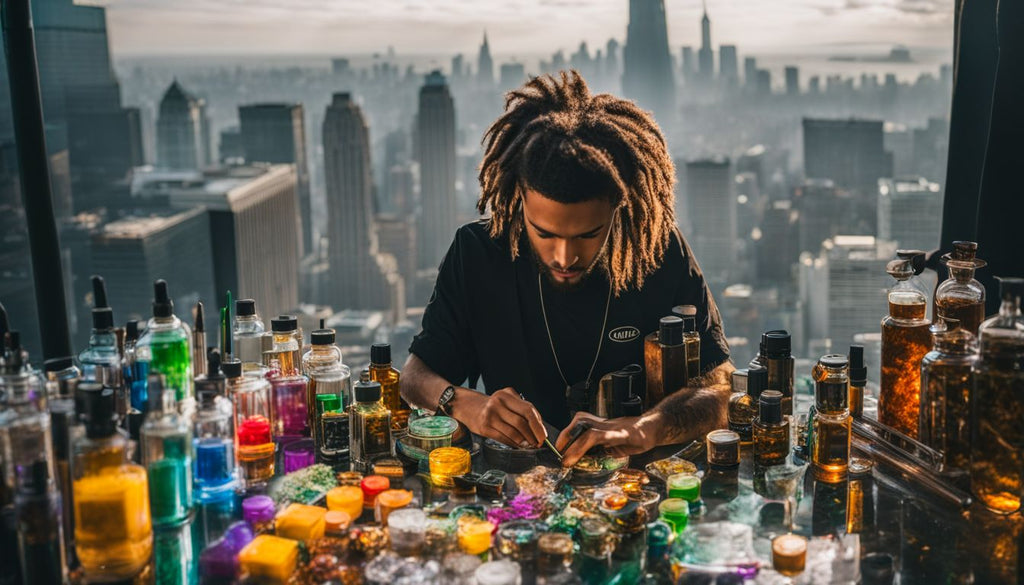 A person surrounded by dab pens and cannabis concentrates in a busy cityscape.