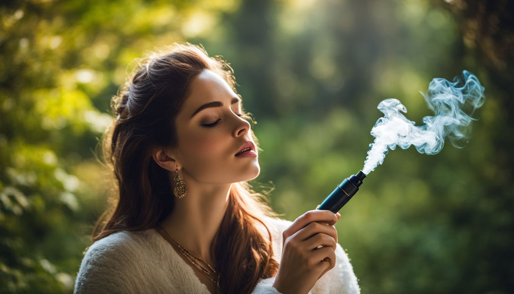 A person inhaling from a dab pen in a serene natural setting.