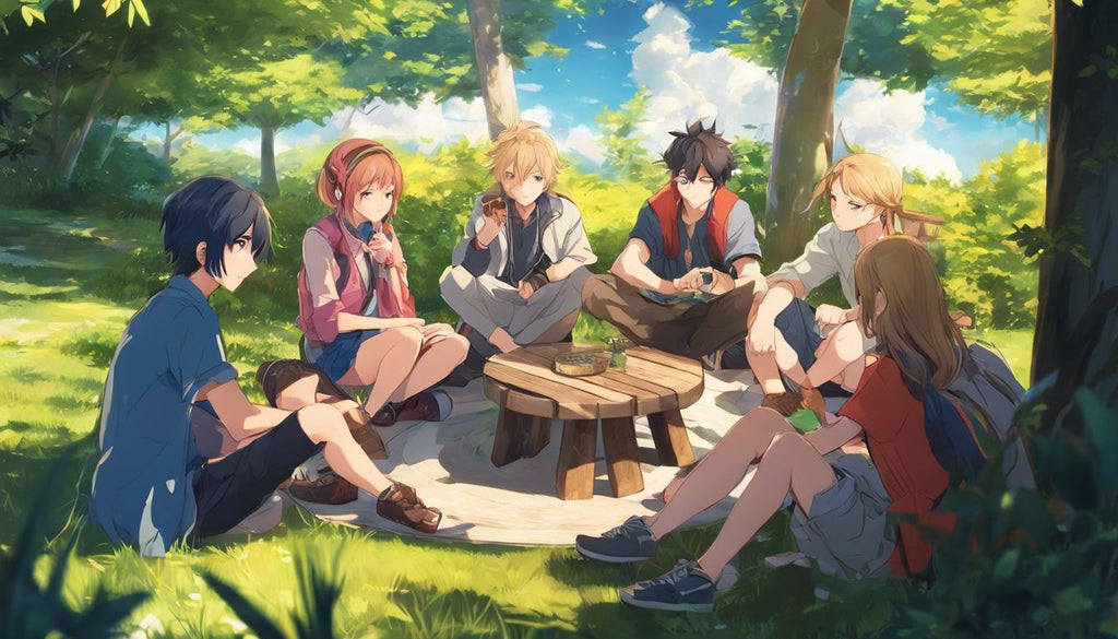 A diverse group of friends enjoying a joint in a tranquil outdoor setting.