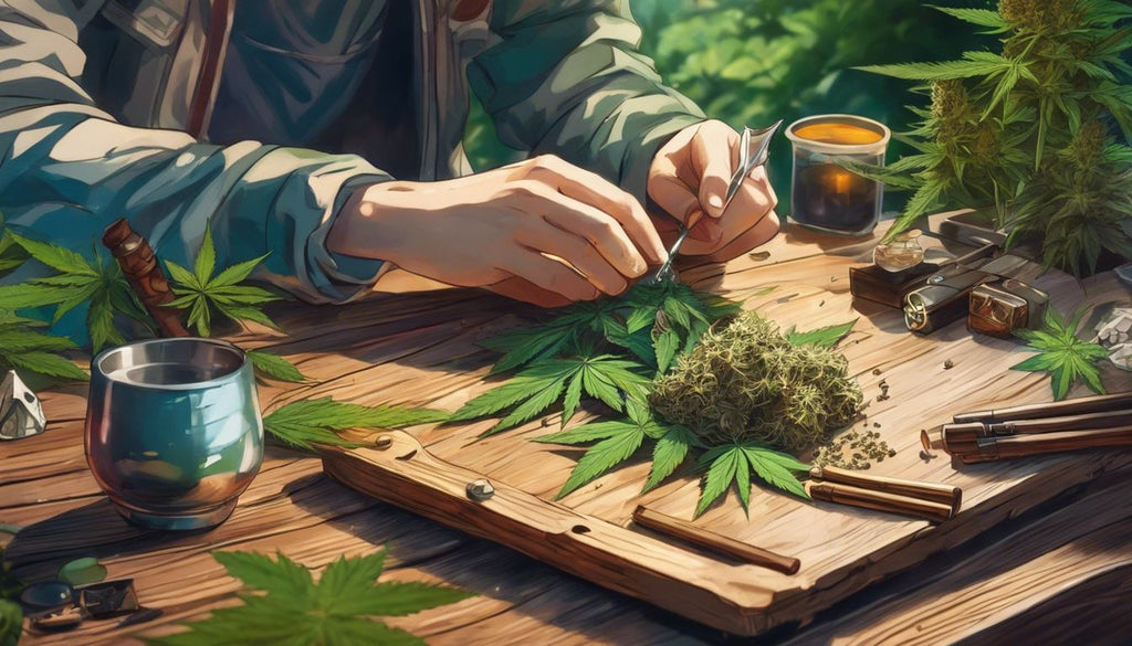 A person rolling a joint surrounded by cannabis accessories in outdoor setting.