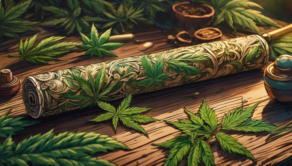 A neatly rolled joint surrounded by cannabis leaves on a wooden table.