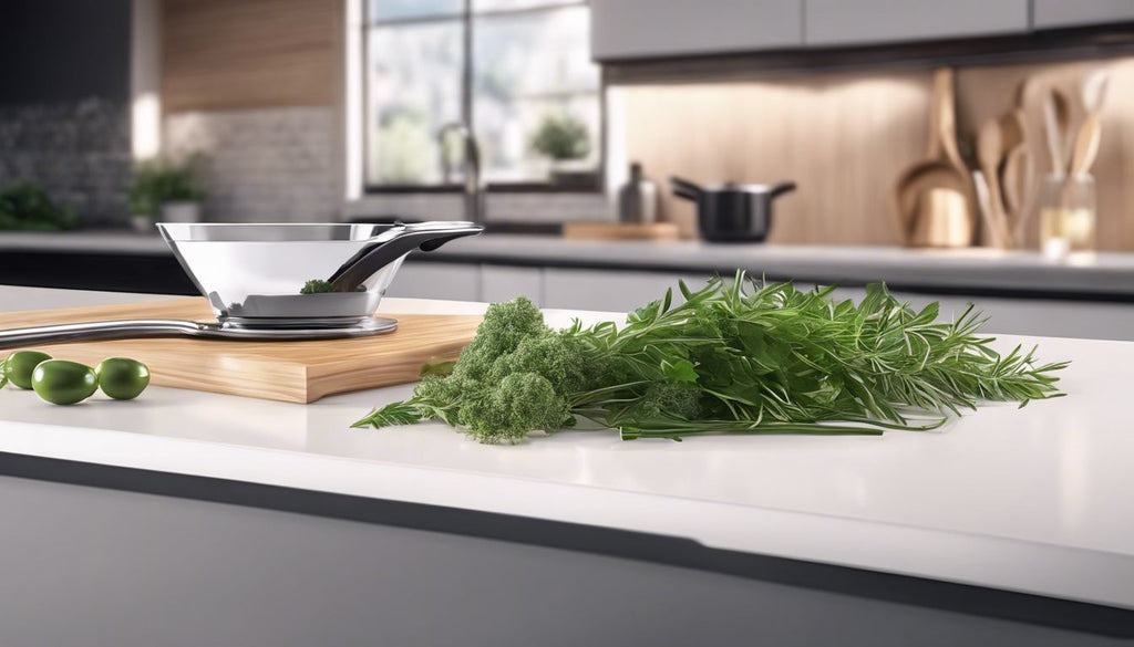 A joint roller and freshly ground herbs on a clean kitchen counter.