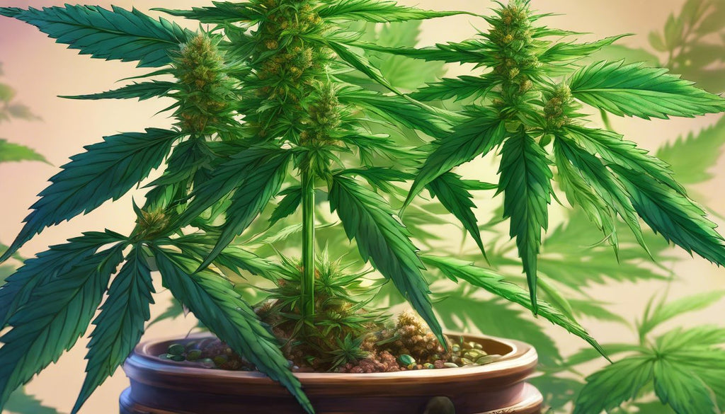 A mature cannabis plant with buds and measuring scale.