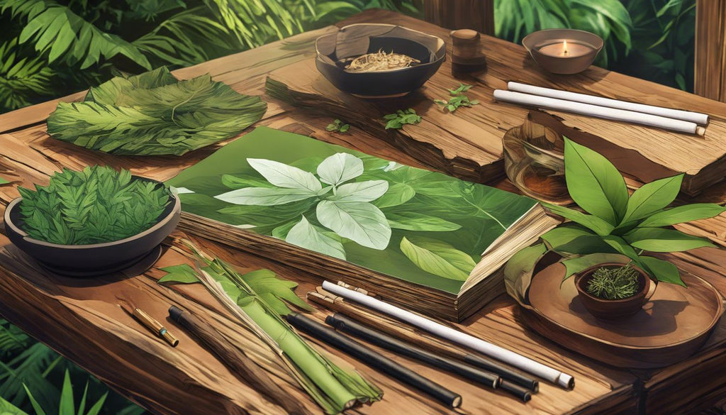 Various pre-rolled joints arranged on a wooden table amidst greenery.