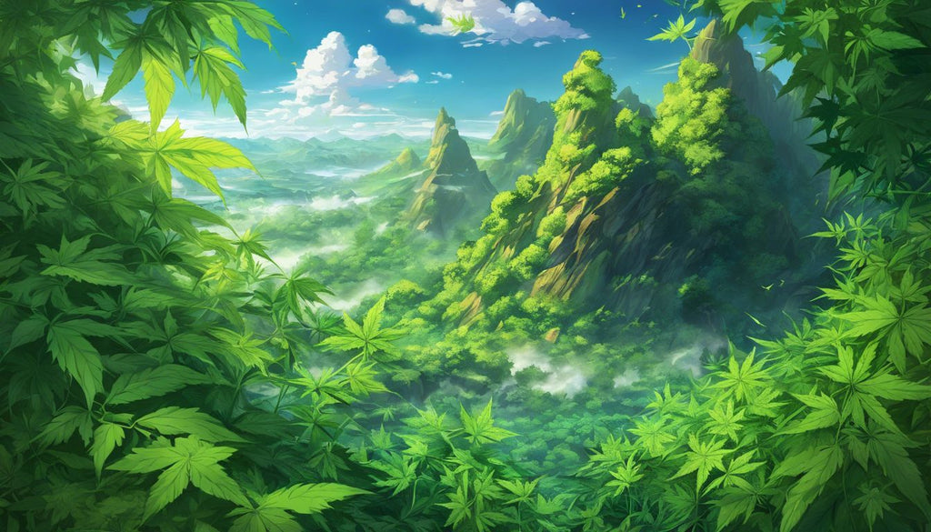 A scale weighing quantities of marijuana surrounded by leaves in nature.