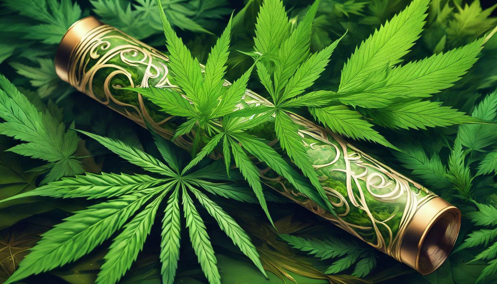 A macro photograph of a rolled joint surrounded by cannabis leaves.