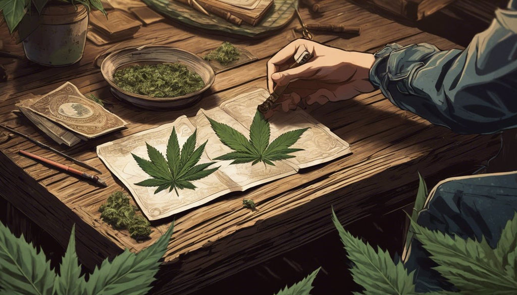 Rolling a joint on a rustic wooden table with marijuana leaves.