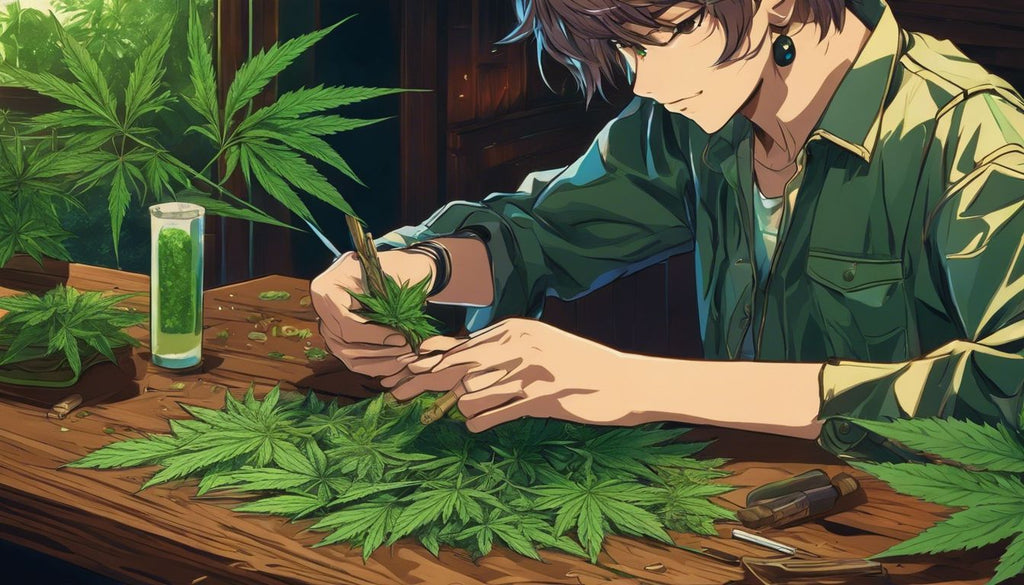 A person rolling a joint surrounded by cannabis leaves on a wooden table.