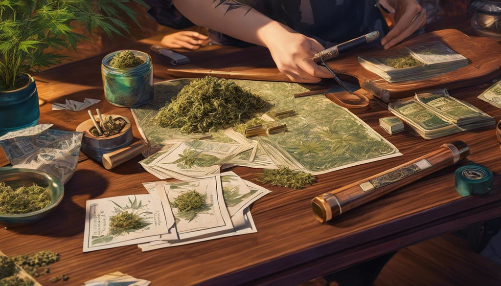 A person rolling cannabis joints on a wooden table with rolling papers and buds.