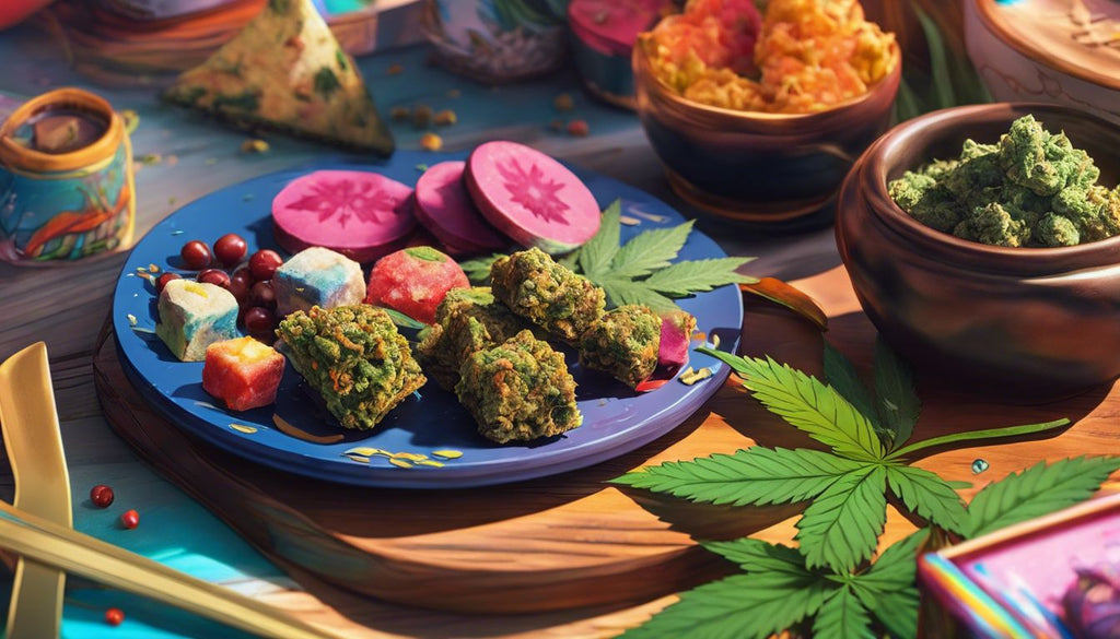 Cannabis-infused edibles and joint on a plate in indoor setting.