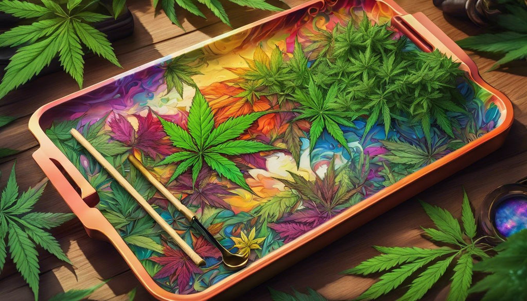 Neatly arranged joint rolling tools surrounded by vibrant cannabis leaves.