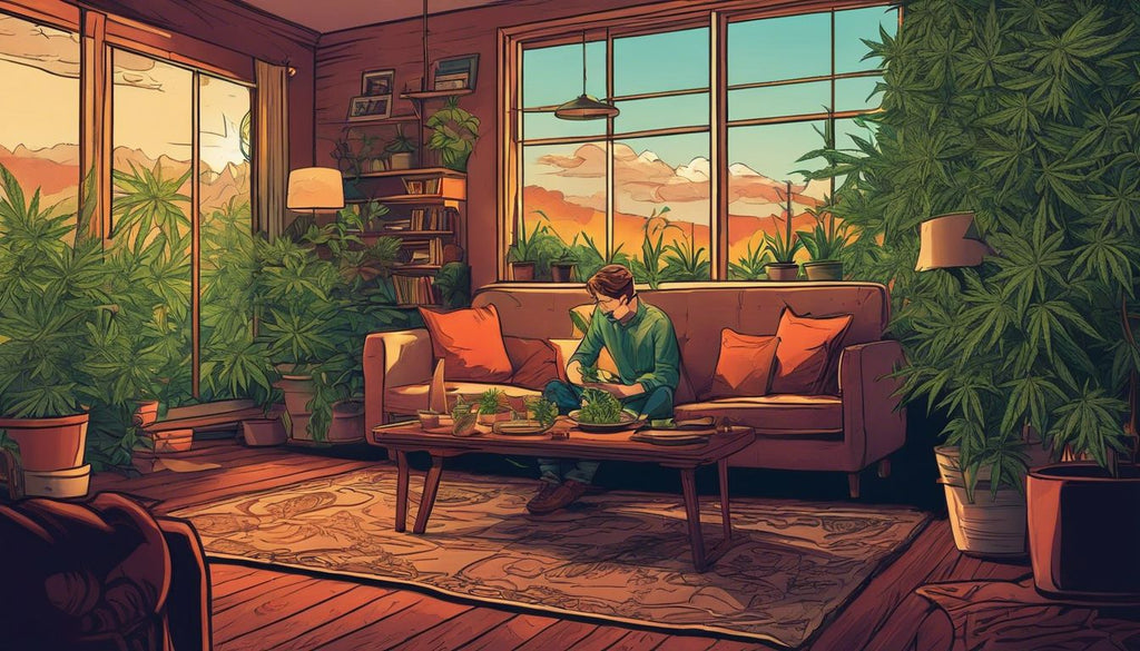 A person sitting in a cozy living room surrounded by cannabis decor and nature photography.