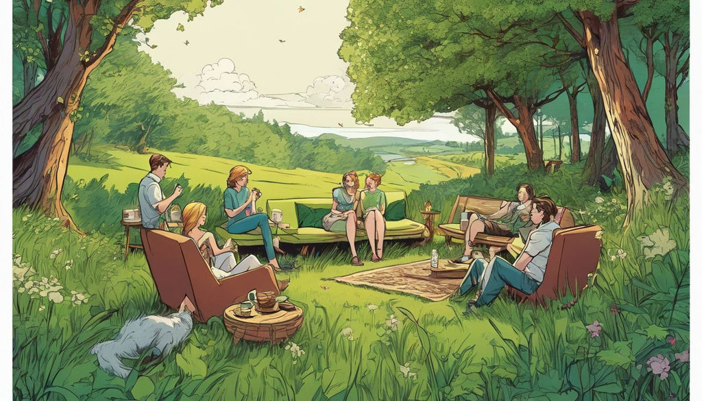 Friends enjoying a joint in a peaceful meadow setting.