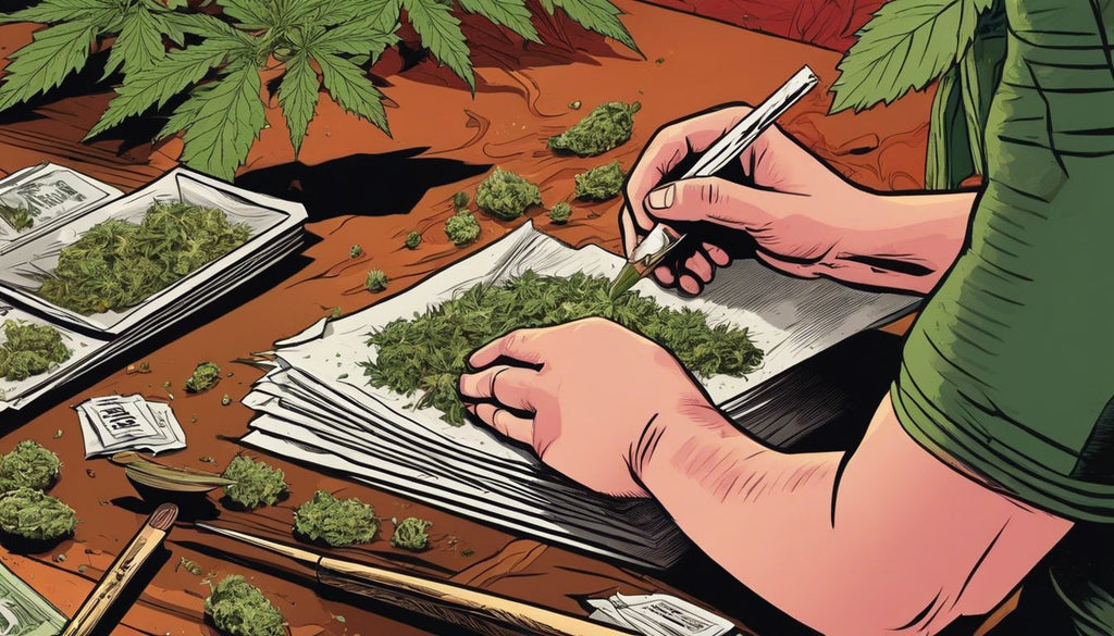 A person carefully rolling a joint surrounded by different cannabis strains.