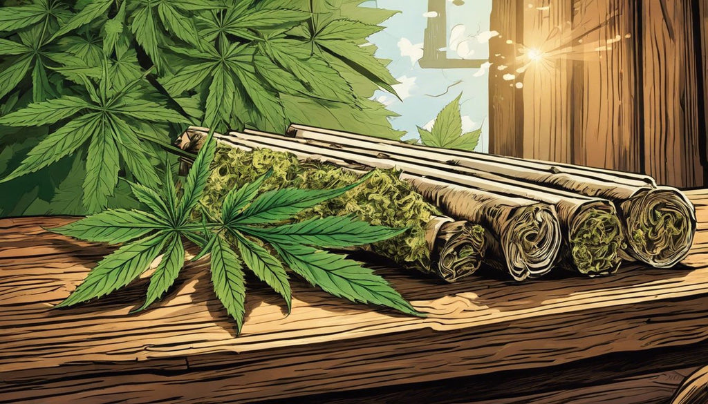 Different pre-roll joints showcased on a wooden table with cannabis leaves.