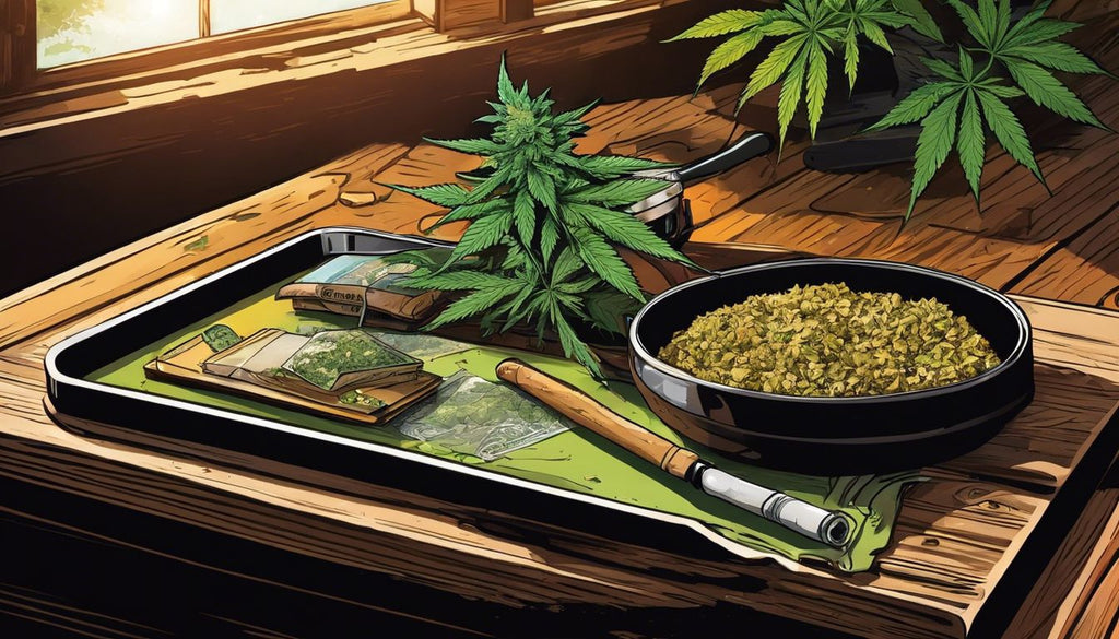 A rolling tray with cannabis, rolling papers, and a grinder on a wooden table.