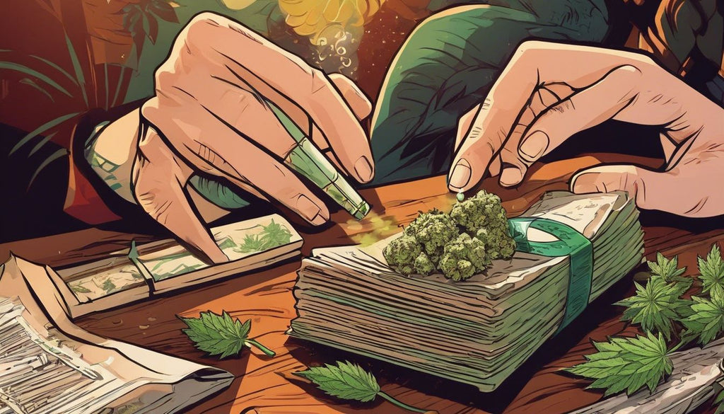 A hand holding a joint roller with rolling papers and cannabis buds.