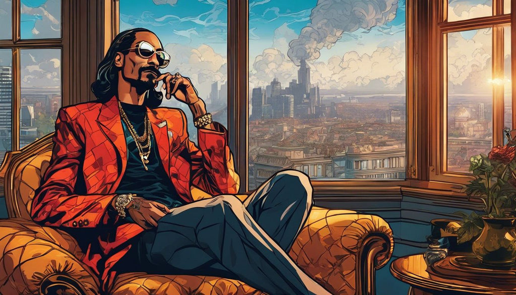 Snoop Dogg lounging in a luxurious room, surrounded by smoke and cityscape.