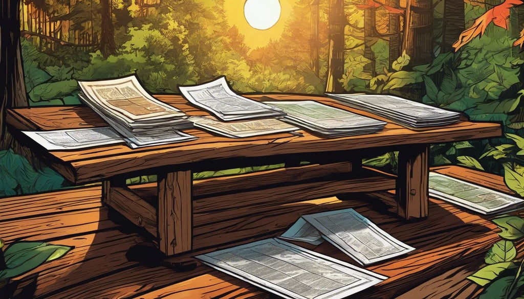 Different rolling papers displayed on a wooden table in a forest.