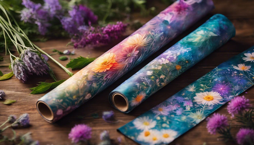 Assorted blunt wraps displayed on wooden table with vibrant wildflowers.