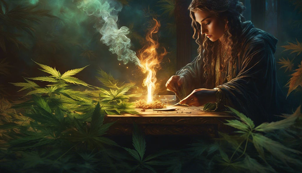 A person holding lit cannabis joints surrounded by leaves and smoke.