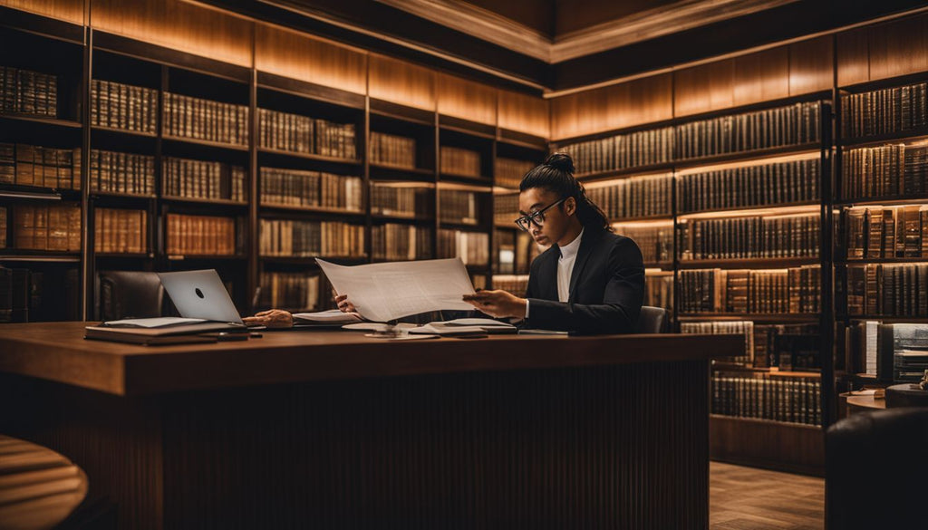 A person reading cannabis regulations in a law library.