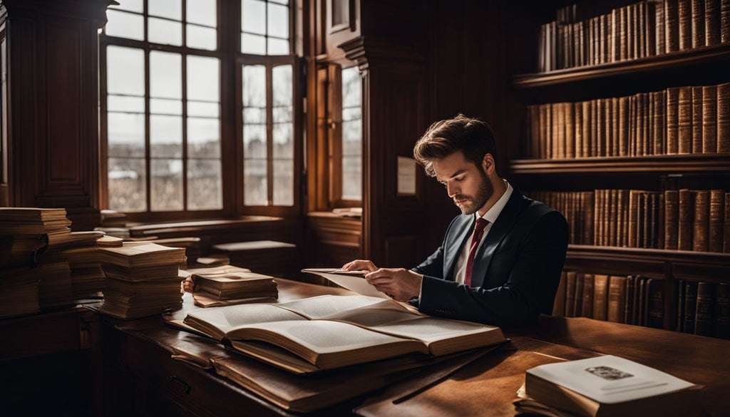 A person is immersed in studying legal regulations surrounded by law books and documents.