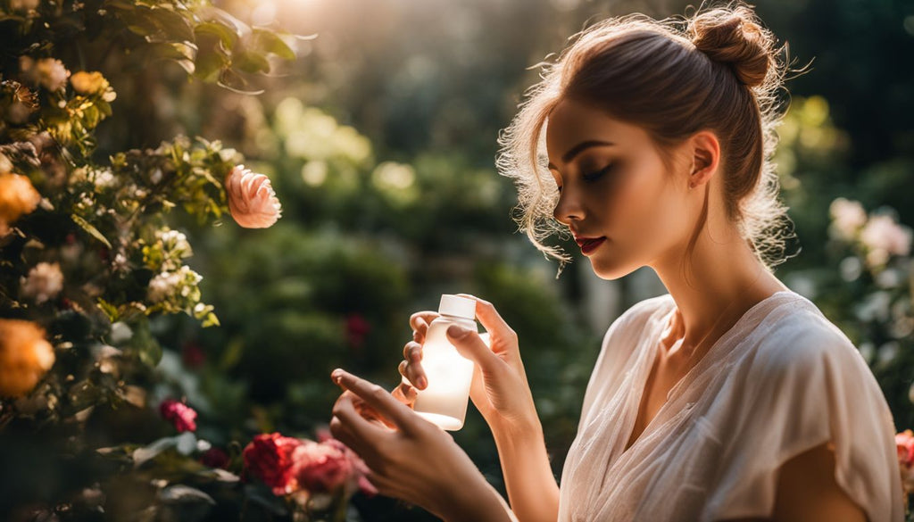 A hand applying lotion in a sunlit garden with nature photography.