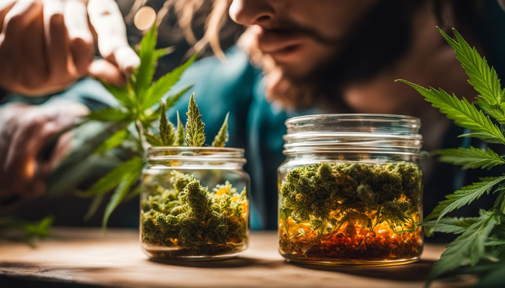 A person admires colorful live resin with cannabis plants in the background.