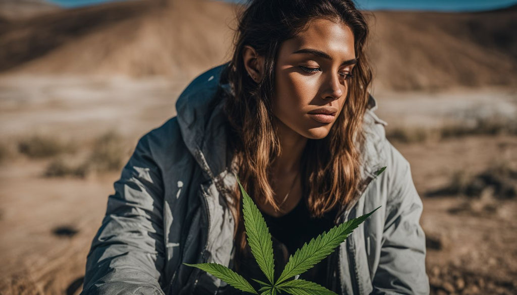 A distressed person holding cannabis concentrate in a desolate environment.