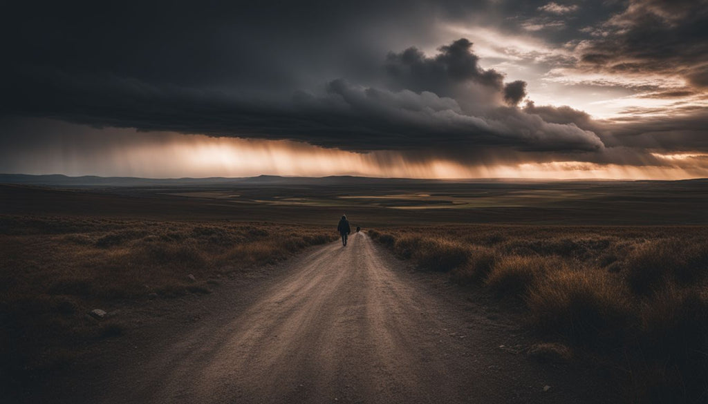 A dark, ominous cloud looms over a desolate landscape in nature photography.