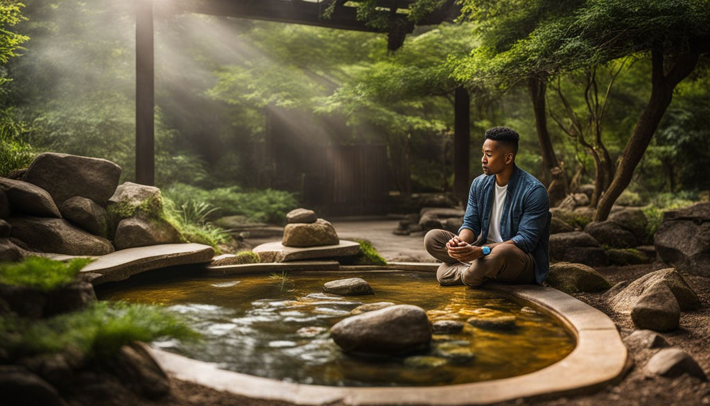 A person enjoying a chillum in a zen garden with varied attire.