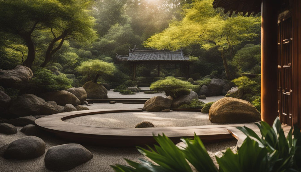 A serene zen garden with diverse people and lush greenery.