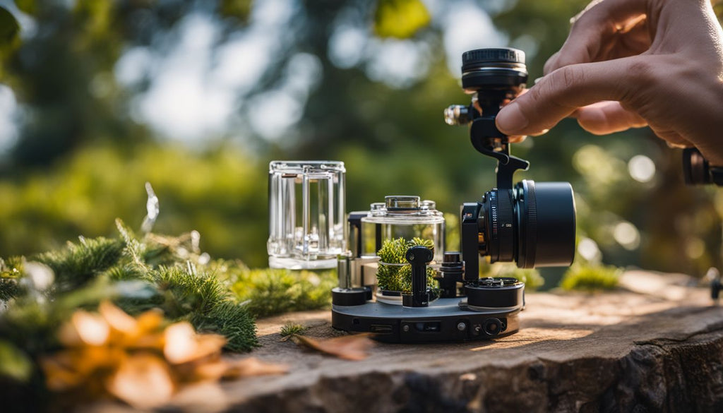 A person using a mini dab rig in a peaceful outdoor setting.