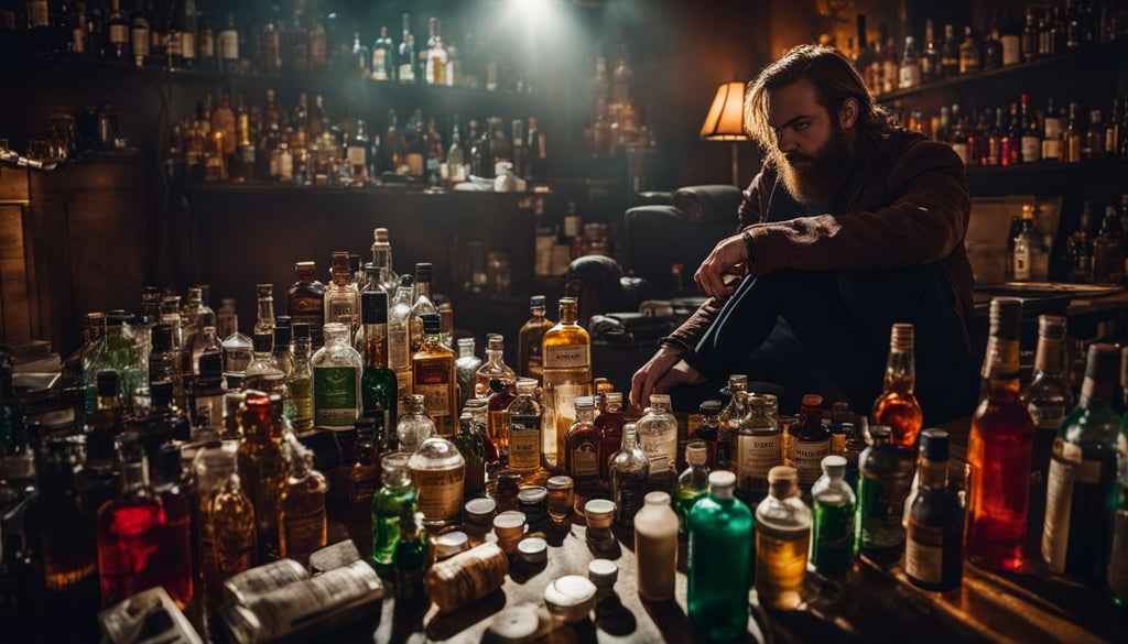 A person surrounded by drugs and alcohol bottles in a dimly lit room.