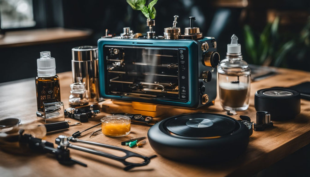 A dab rig with all necessary tools set up on a modern tabletop.