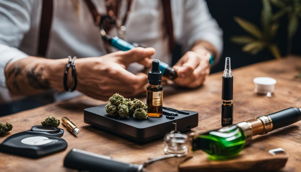 Person handling dab pen with cannabis oil surrounded by vaporizer accessories.