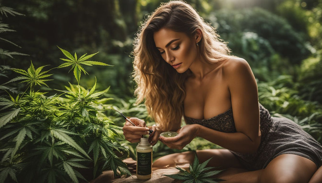 A woman applying cannabis lotion in lush, nature-filled environment.