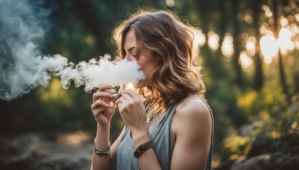 A person exhaling dab vapor in a serene outdoor setting.