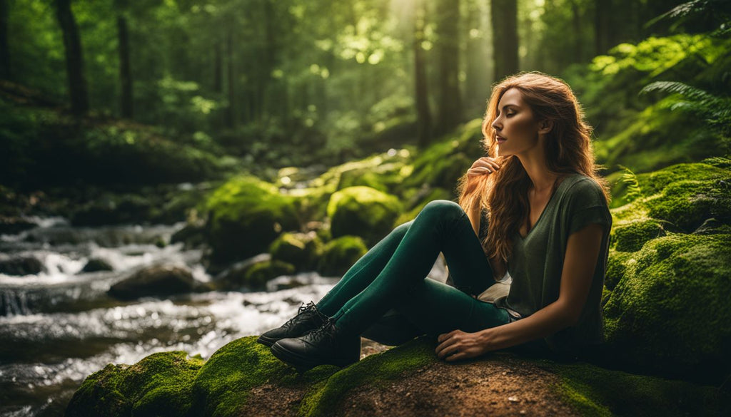 A person experiencing euphoria and relaxation in a lush green forest.