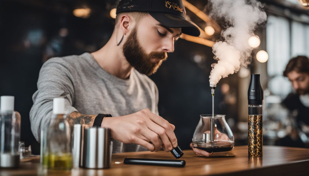 A person loading concentrate into a dab pen in a modern environment.