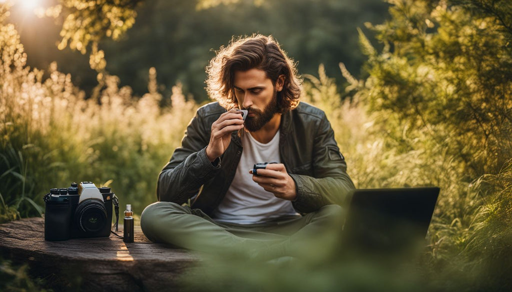 A person using a portable vaporizer in a peaceful outdoor setting.