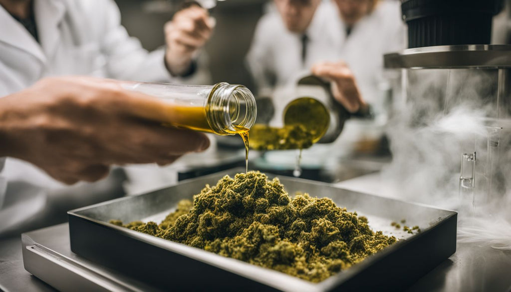 Close-up of marijuana concentrate being tested in a bustling laboratory.