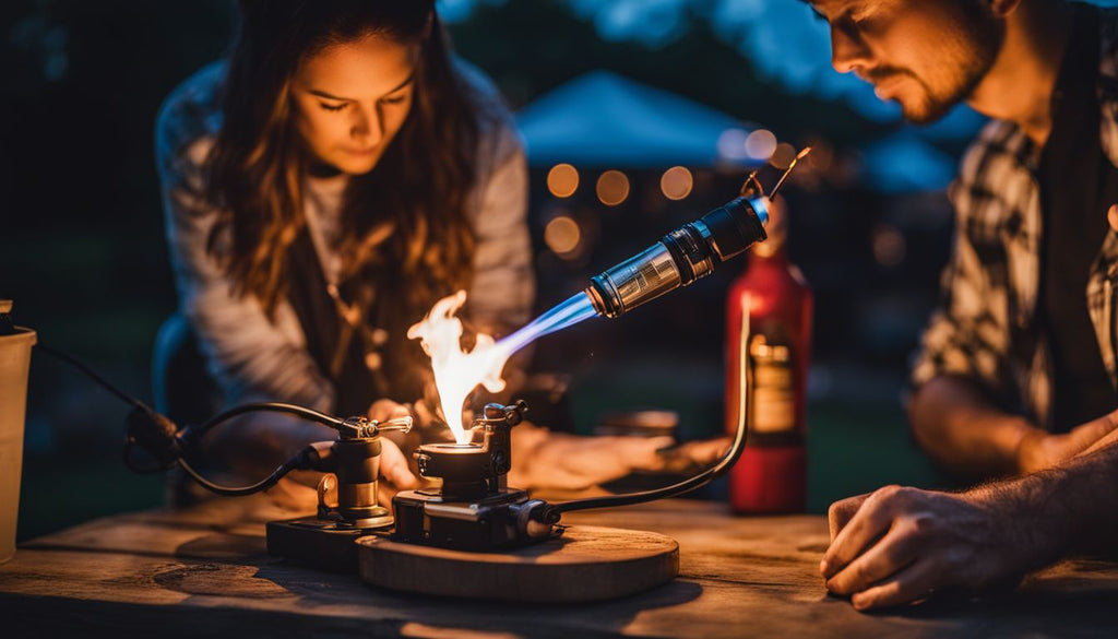 A person using a dabbing rig with a butane torch in a bustling outdoor setting.
