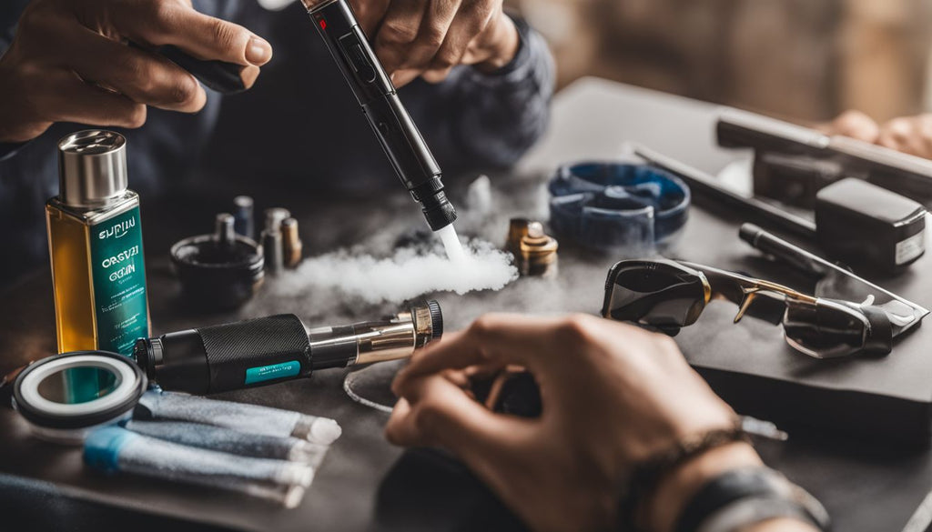 A person cleaning a vape pen surrounded by maintenance tools.