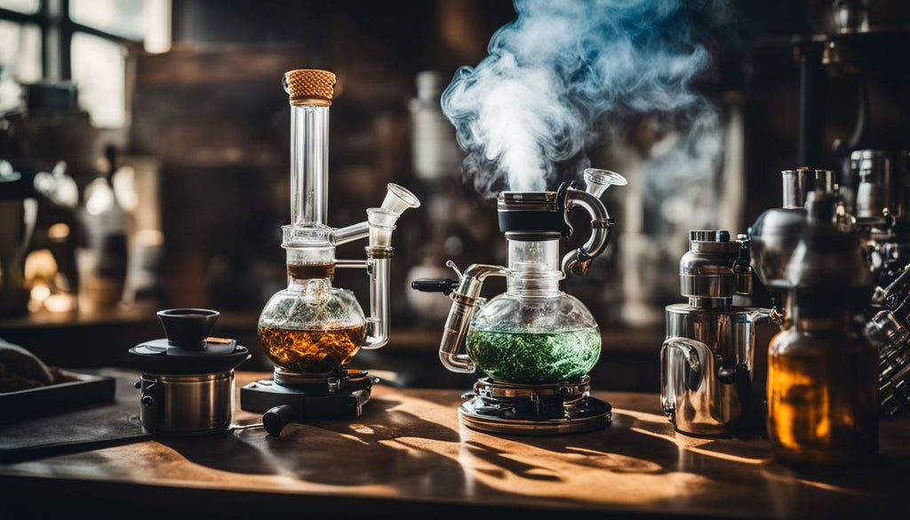 A close-up of a recycler bong with smoke surrounded by faces.