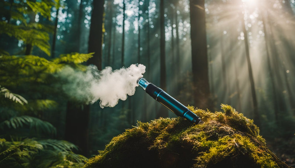 A dab pen releases mist in a serene forest setting.